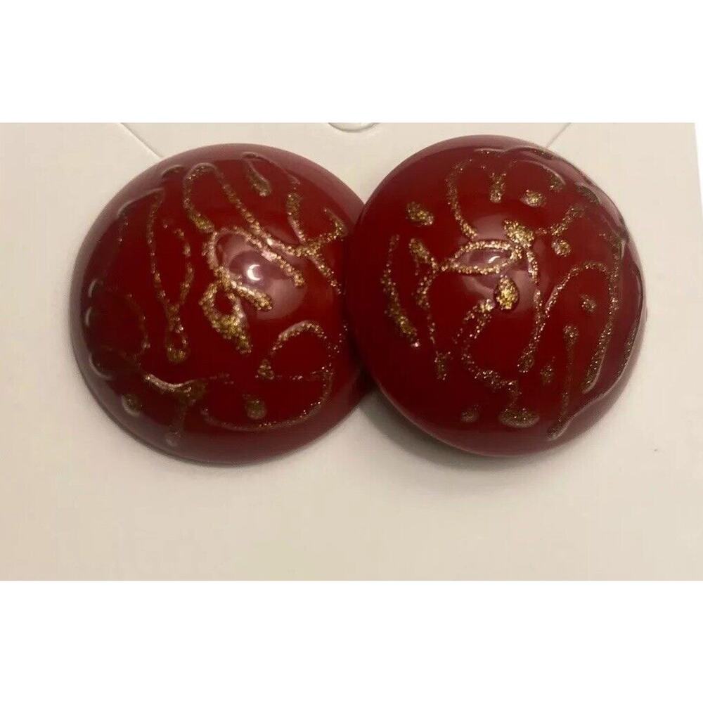 Vintage Avon Earrings Red Gold Splatter Sparkle Round Pierced Holiday 80s 1”